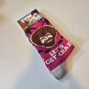 Bob Ross Crew Socks Unisex One‎ Size Pink Lets Get Crazy Joy of Painting Novelty
